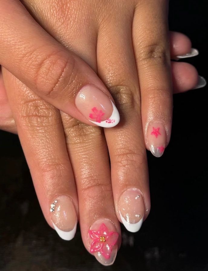 French tip nail art with floral design